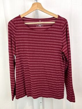 TALBOTS Size Petite L PL Metallic Stripe Long Sleeve Tee Top Shirt Boat Neck Red